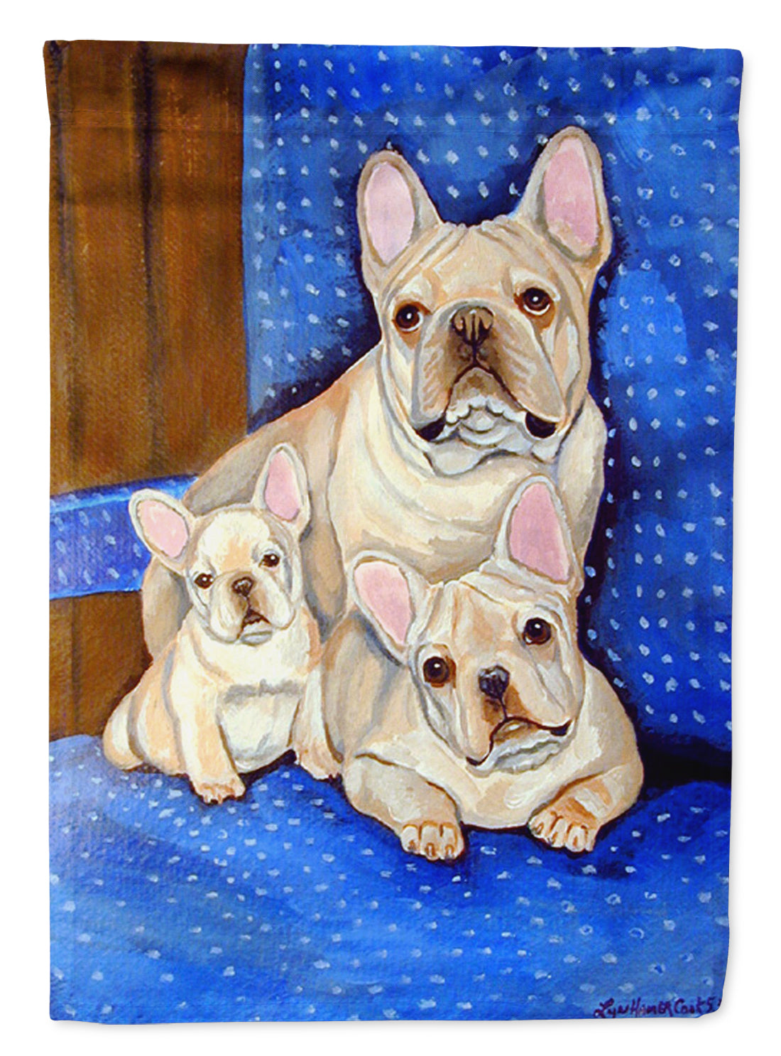 White Frenchies in Momma&#39;s Chair French Bulldog Flag Garden Size.