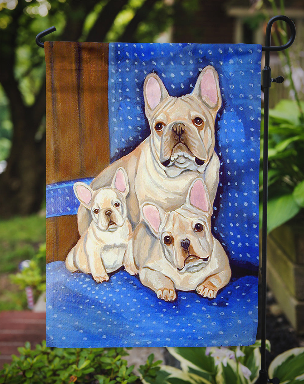White Frenchies in Momma's Chair French Bulldog Flag Garden Size.