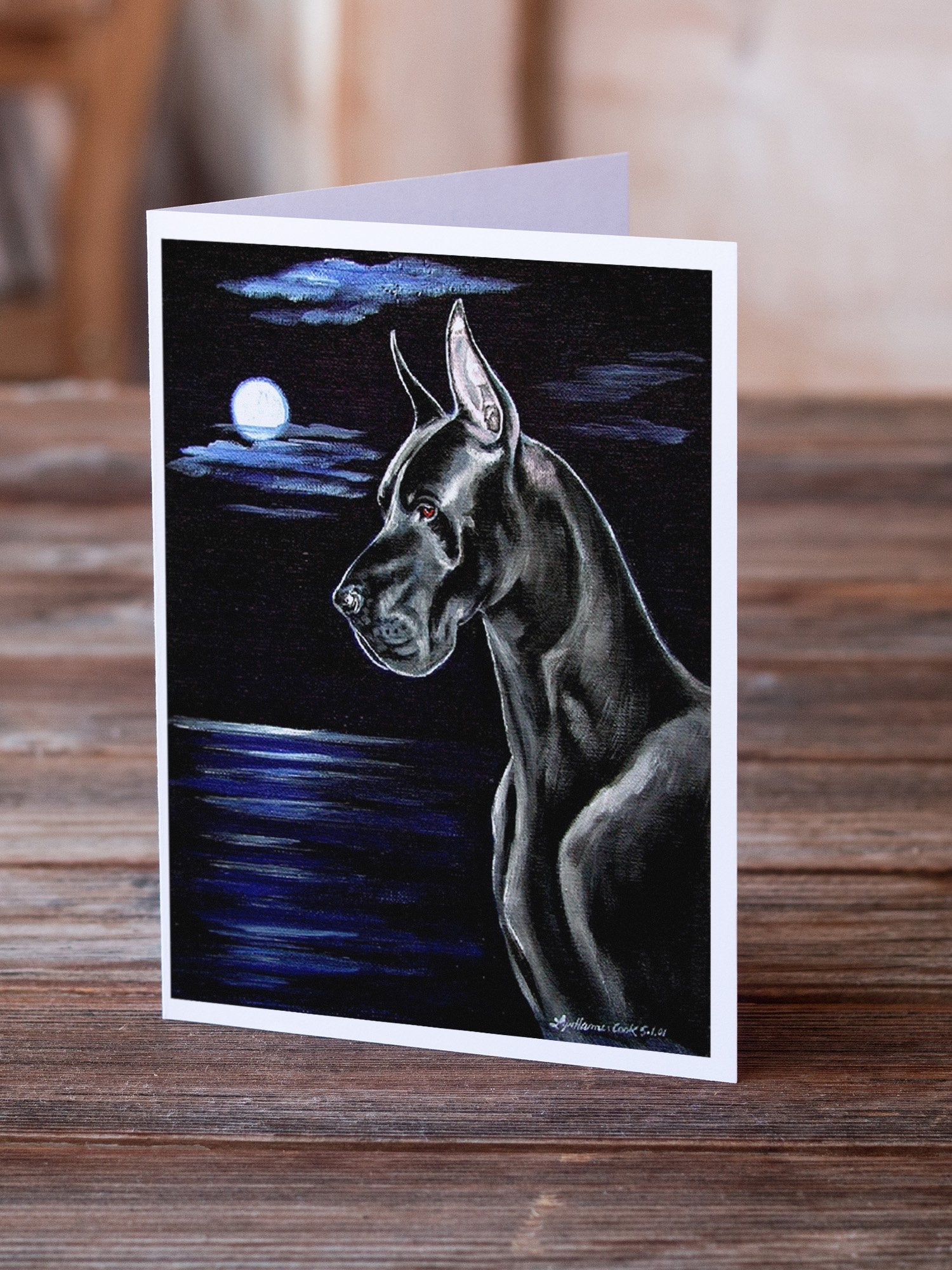 Black Great Dane in the Moonlight  Greeting Cards and Envelopes Pack of 8 - the-store.com