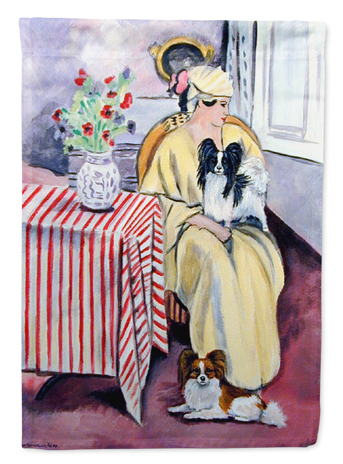 Lady with her Papillon Flag Garden Size