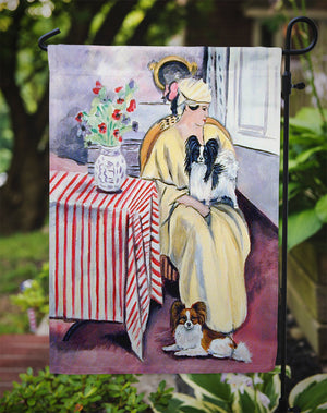 Lady with her Papillon Flag Garden Size