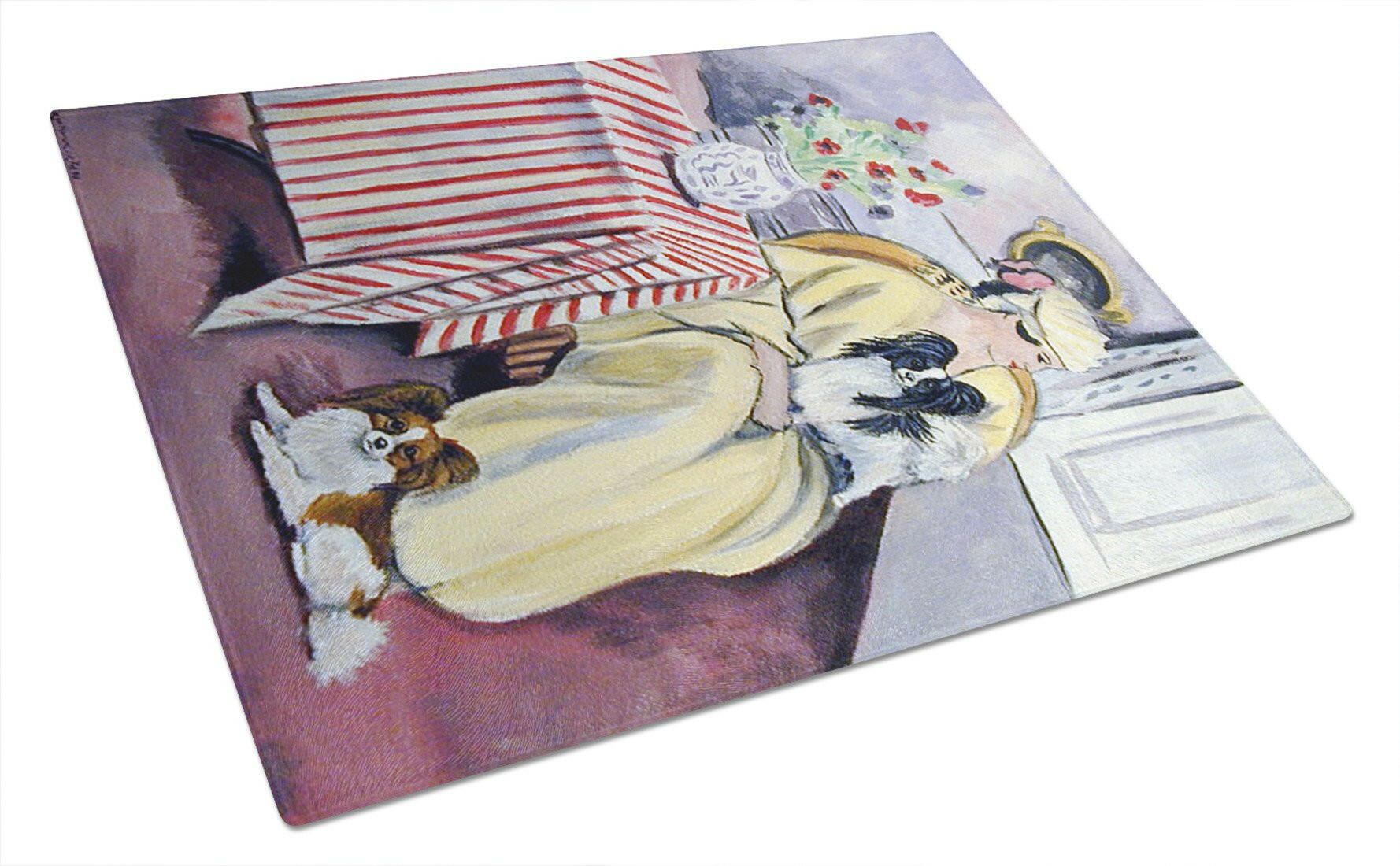 Lady with her Papillon Glass Cutting Board Large by Caroline's Treasures
