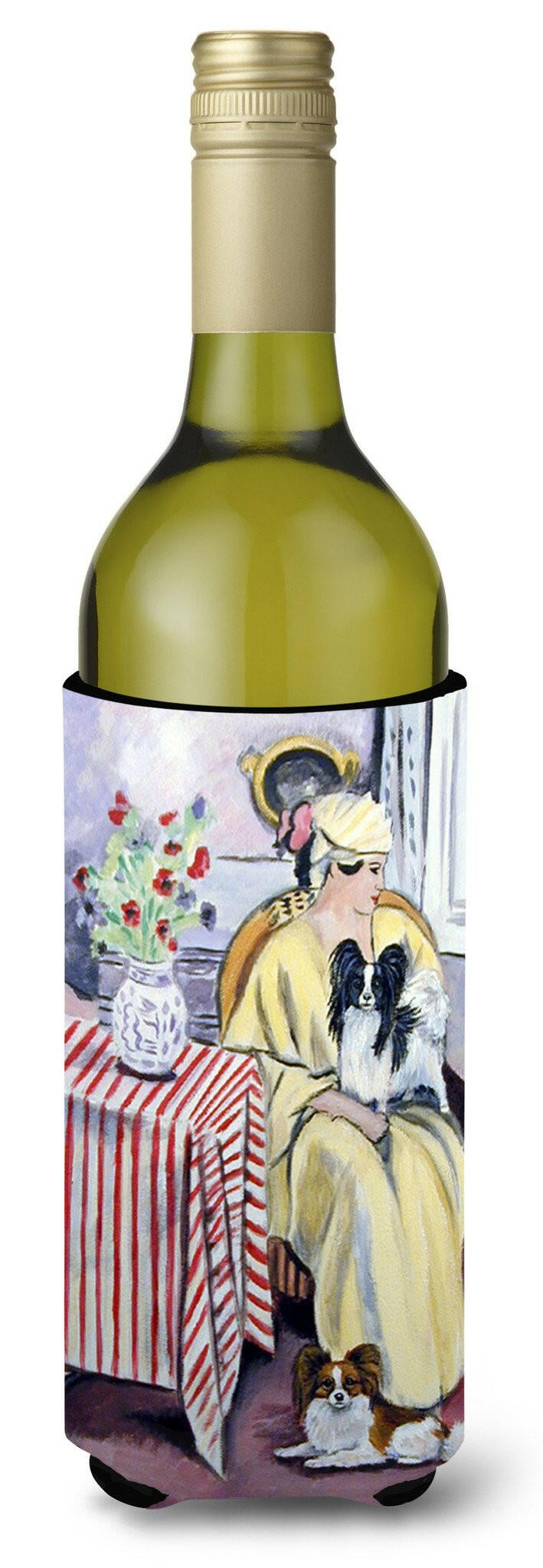 Lady with her Papillon Wine Bottle Beverage Insulator Beverage Insulator Hugger by Caroline&#39;s Treasures