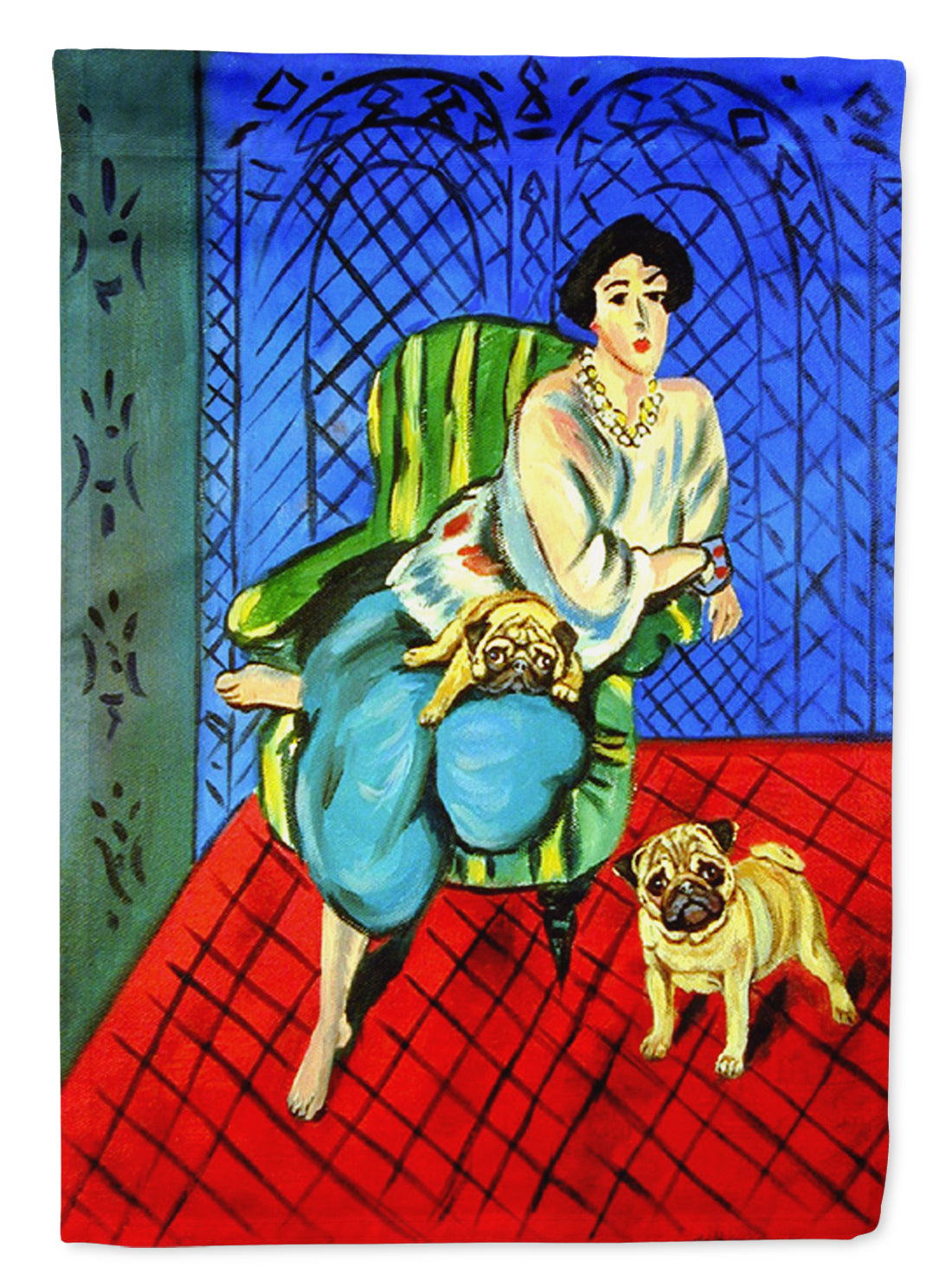 Lady with her  Pug Flag Canvas House Size  the-store.com.
