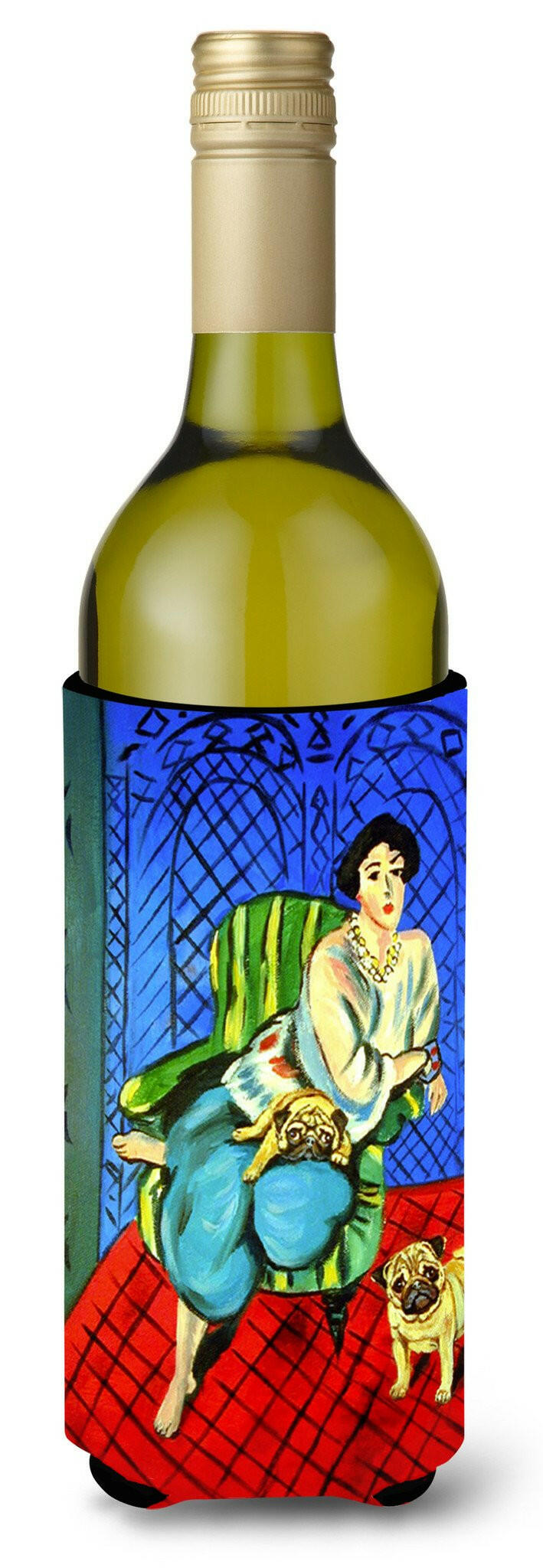 Lady with her  Fawn Pug Wine Bottle Beverage Insulator Beverage Insulator Hugger by Caroline&#39;s Treasures