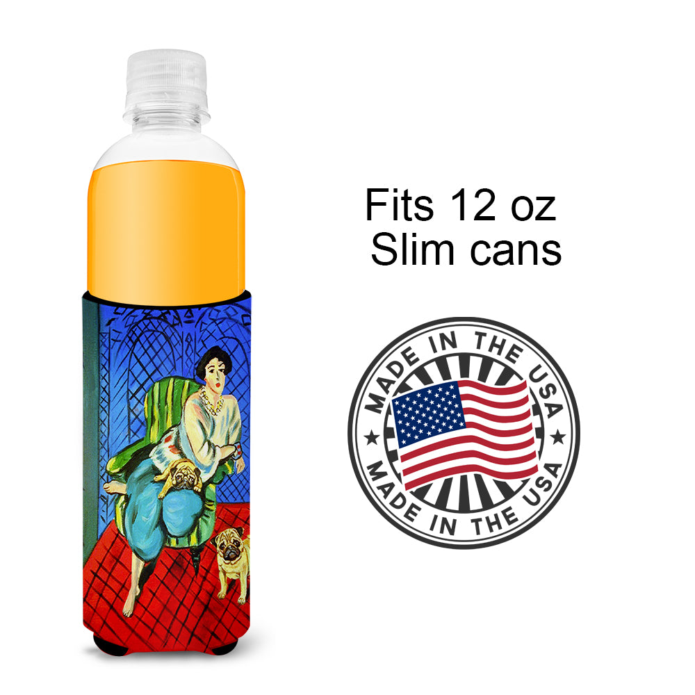 Lady with her  Fawn Pug Ultra Beverage Insulators for slim cans 7072MUK.