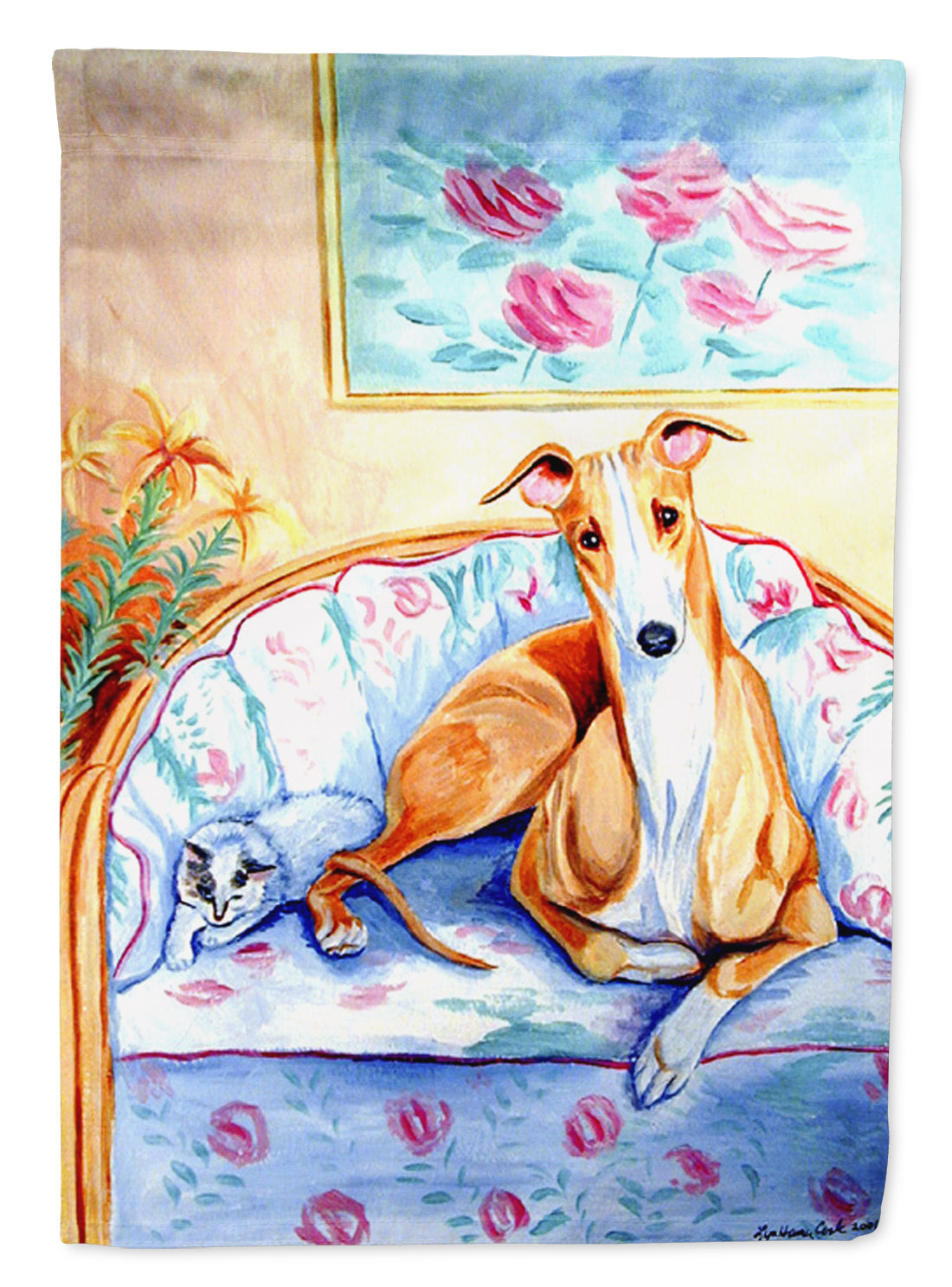 Whippet waiting on Mom Flag Canvas House Size
