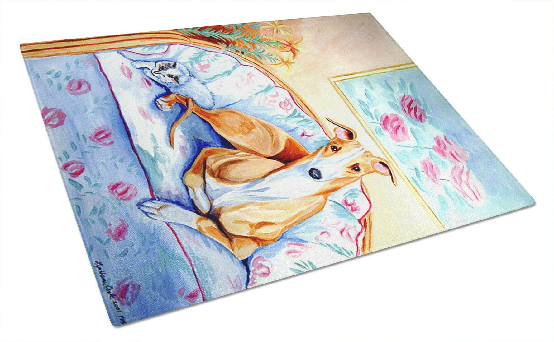 Whippet waiting on Mom Glass Cutting Board Large by Caroline's Treasures