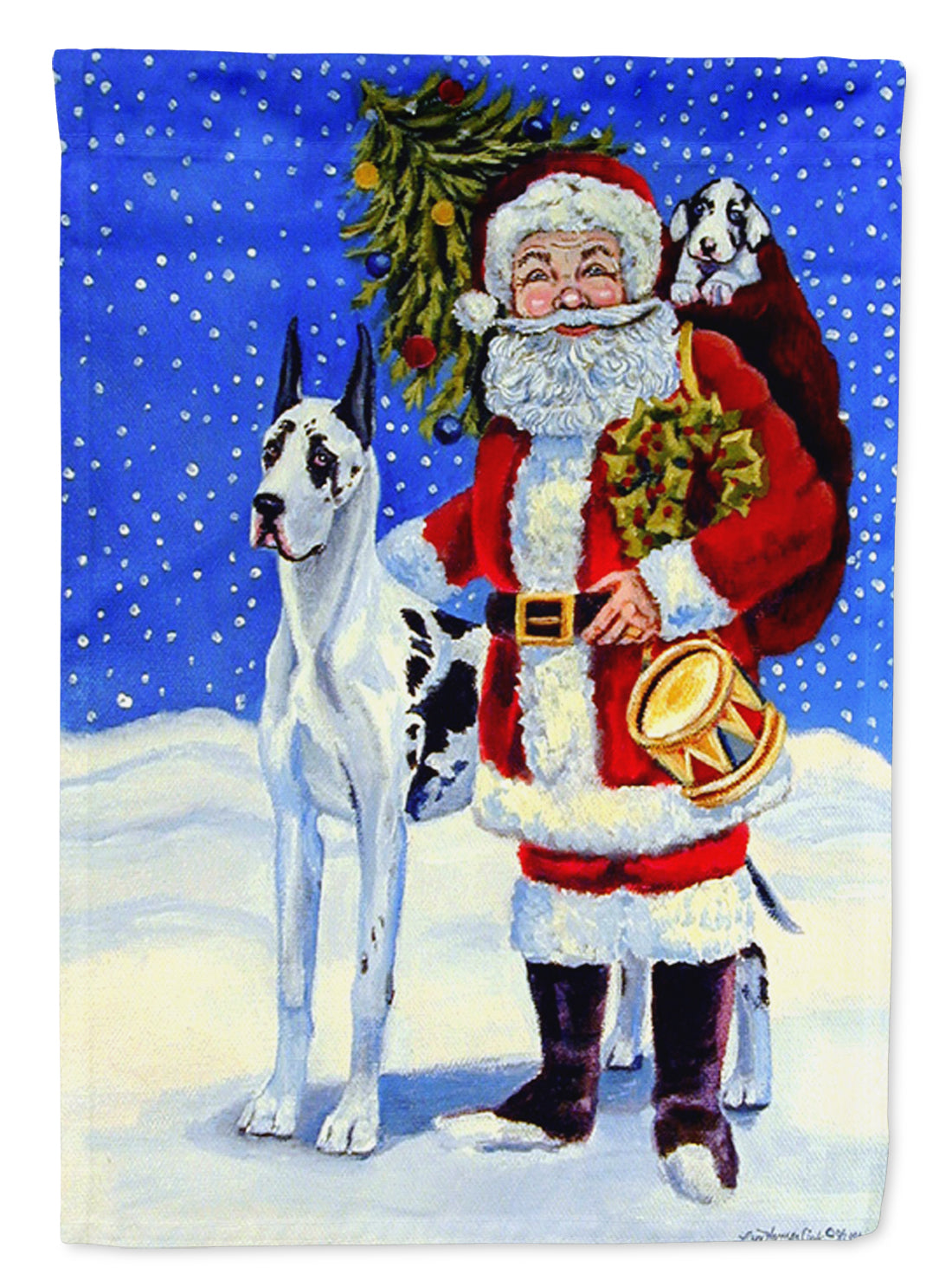 Harlequin Great Dane with Santa Claus Flag Canvas House Size