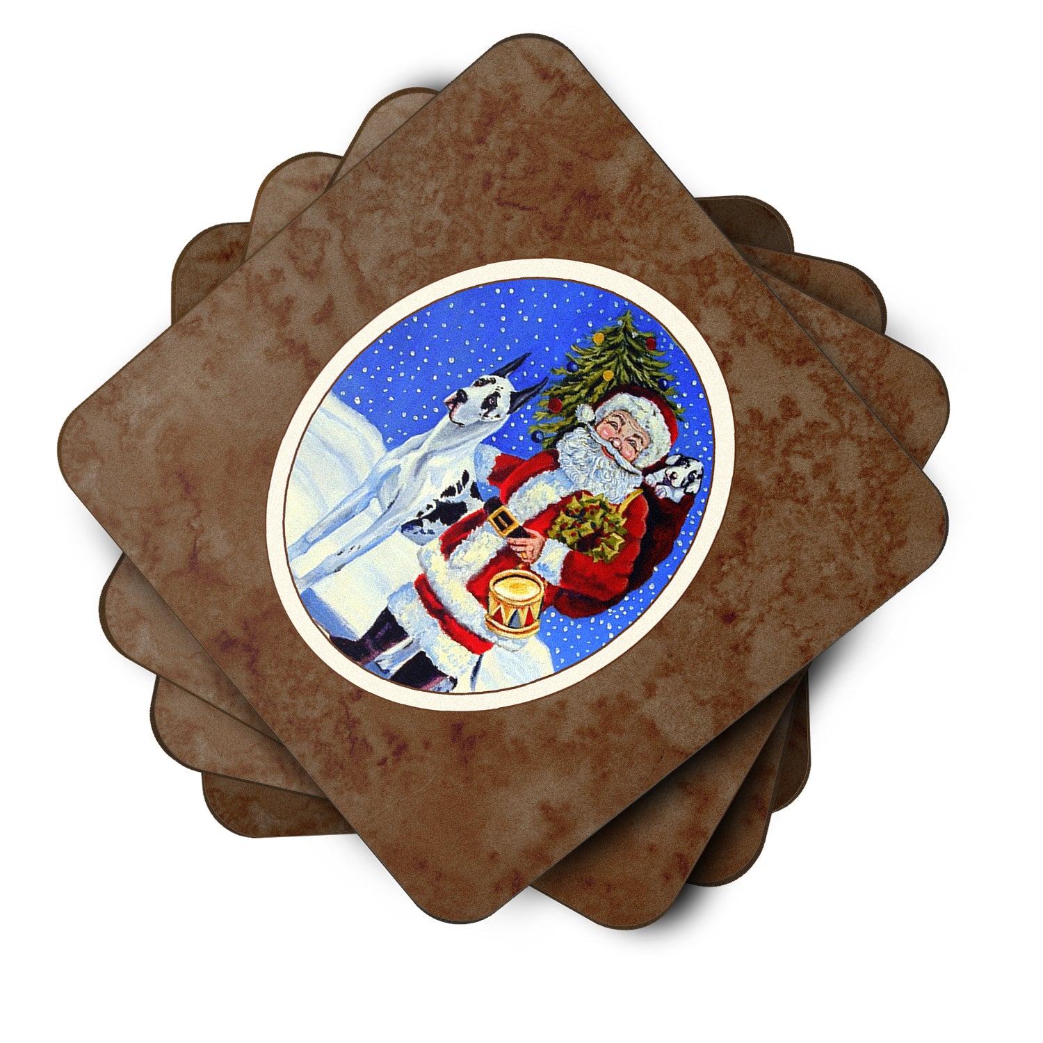 Harlequin Great Dane with Santa Claus Foam Coaster Set of 4 7083FC - the-store.com