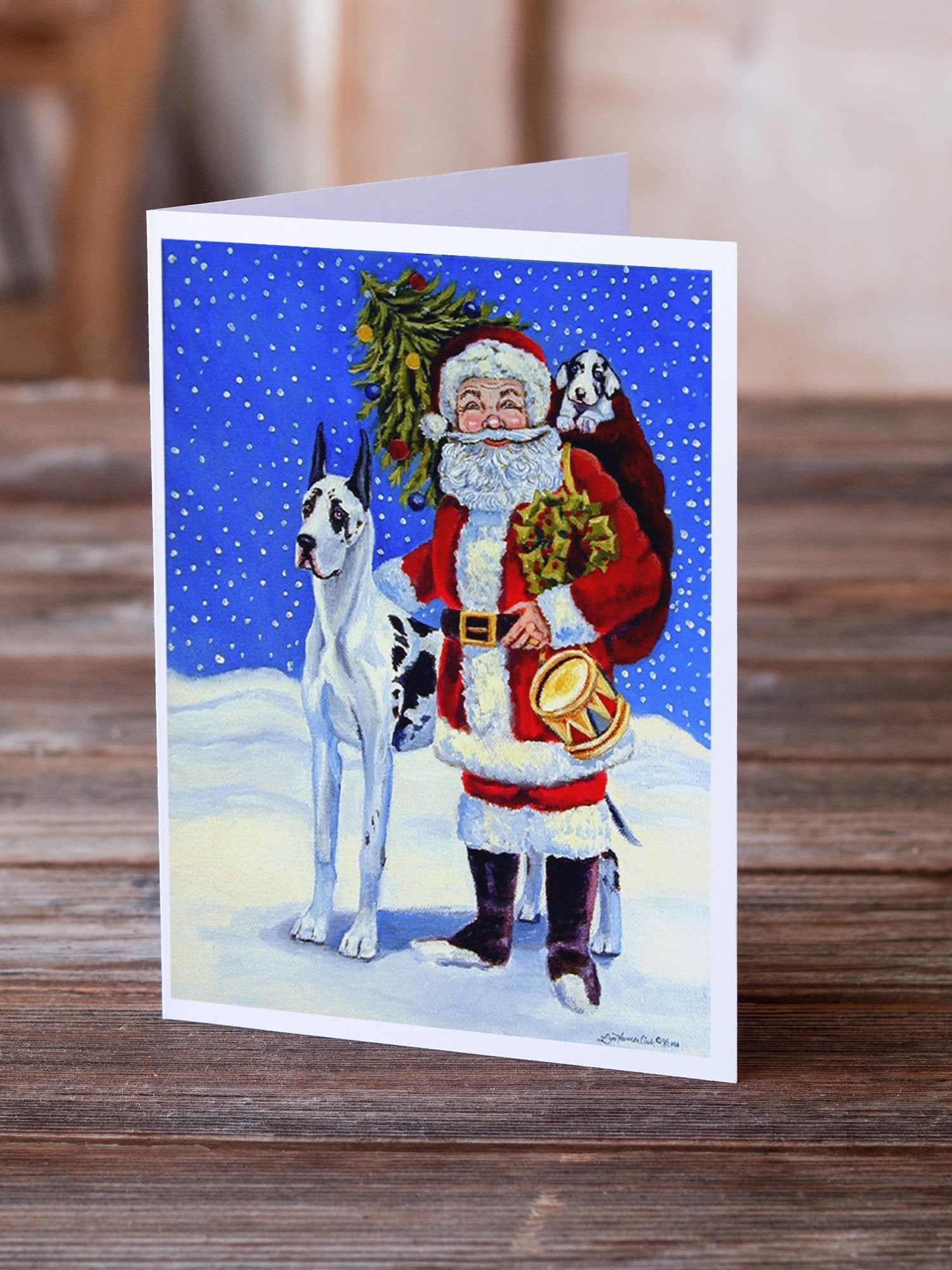 Harlequin Great Dane with Santa Claus  Greeting Cards and Envelopes Pack of 8 - the-store.com