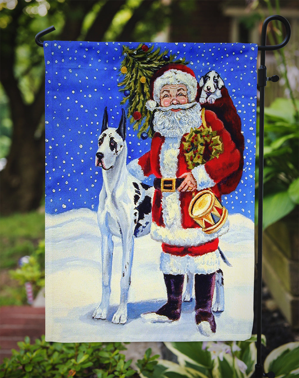 Harlequin Great Dane with Santa Claus Flag Garden Size.
