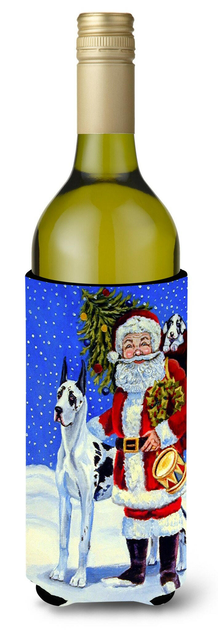 Harlequin Great Dane with Santa Claus Wine Bottle Beverage Insulator Beverage Insulator Hugger by Caroline's Treasures