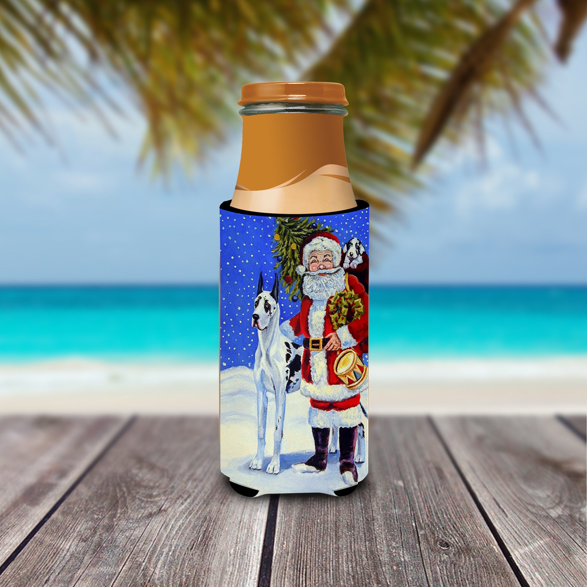 Harlequin Great Dane with Santa Claus Ultra Beverage Insulators for slim cans 7083MUK.