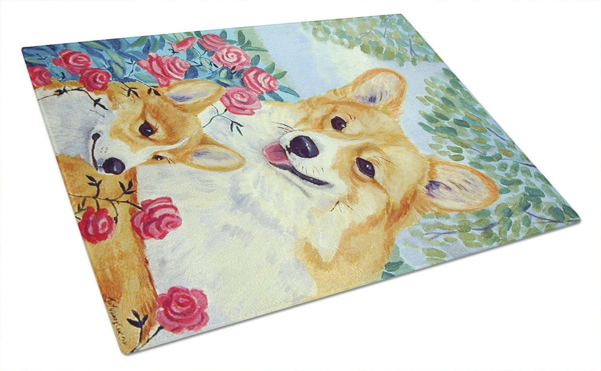 Corgi Momma&#39;s Love and Roses Glass Cutting Board Large by Caroline&#39;s Treasures