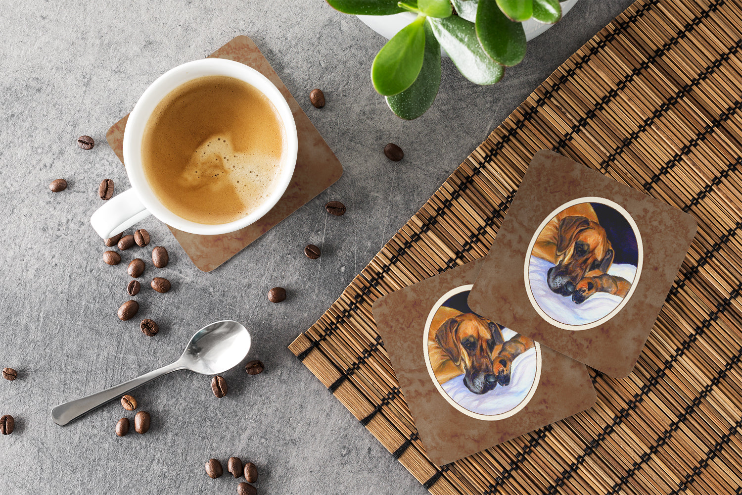 Natural Eared Fawn Great Dane Momma and Puppy Foam Coaster Set of 4 7099FC - the-store.com