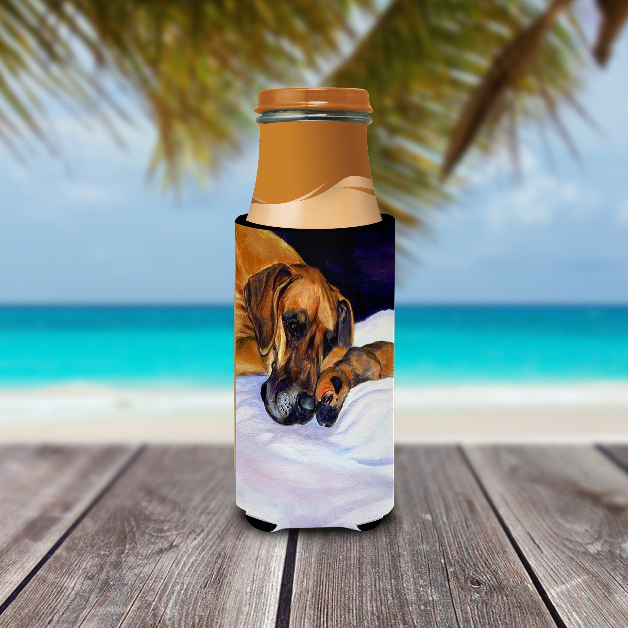 Natural Eared Fawn Great Dane Momma and Puppy Ultra Beverage Insulators for slim cans 7099MUK.