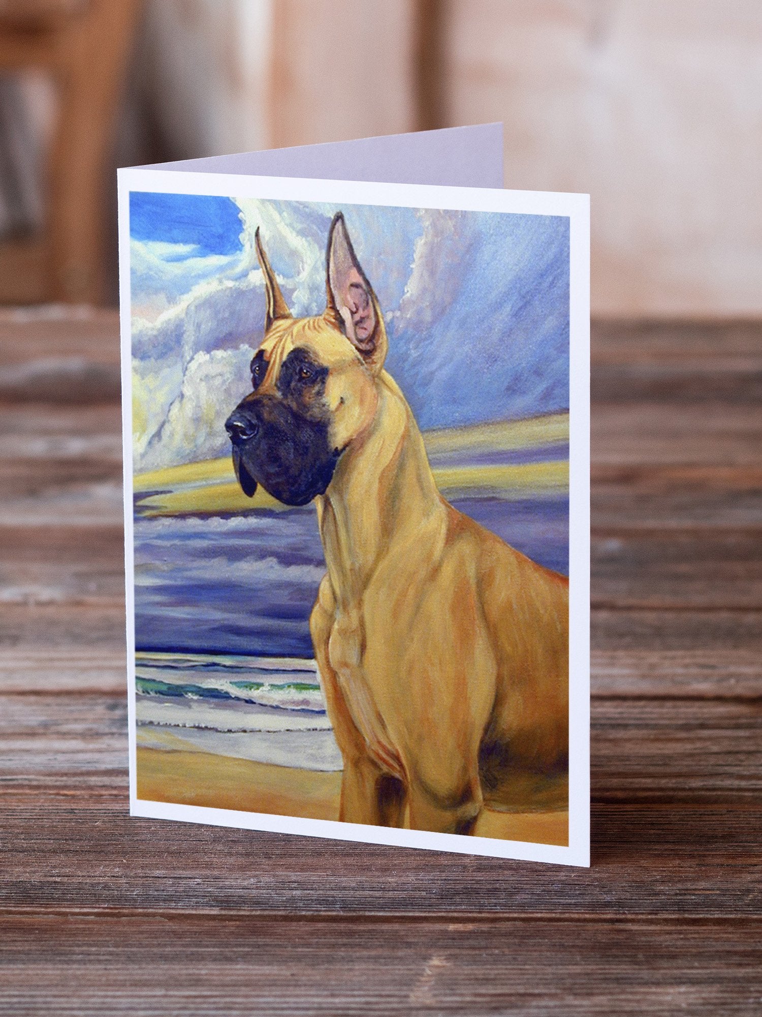 Fawn Great Dane at the beach  Greeting Cards and Envelopes Pack of 8 - the-store.com