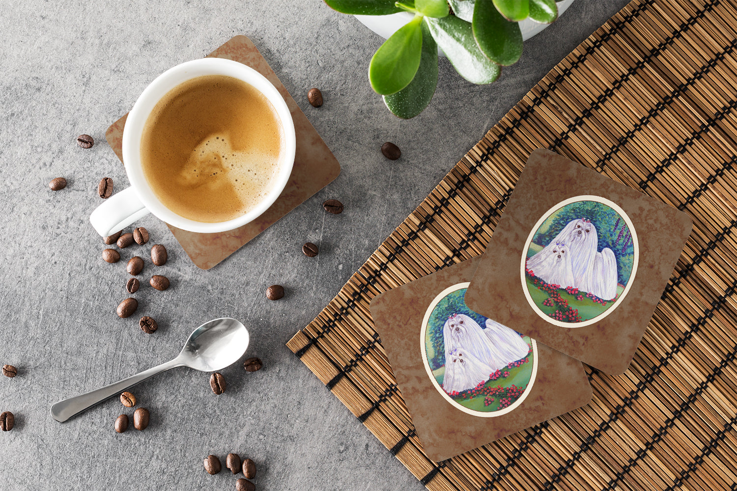Maltese Momma and Puppy Foam Coaster Set of 4 7104FC - the-store.com