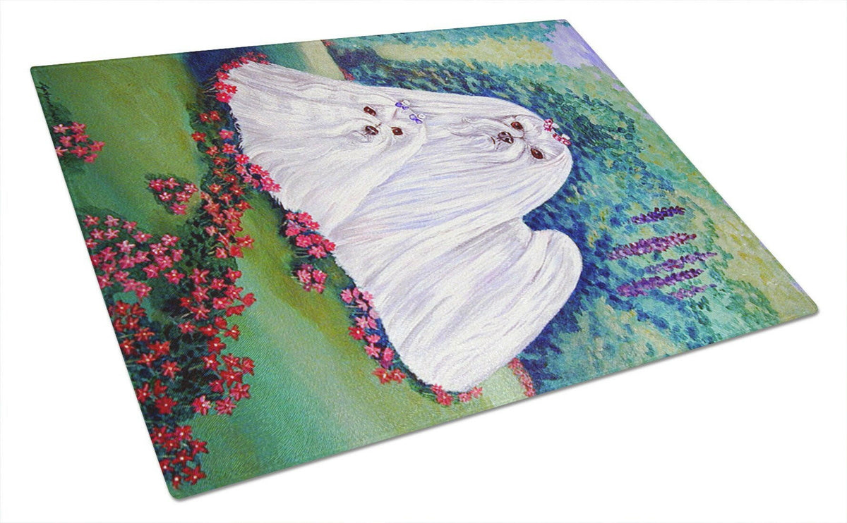 Maltese and puppy Garden Beauties Glass Cutting Board Large by Caroline&#39;s Treasures
