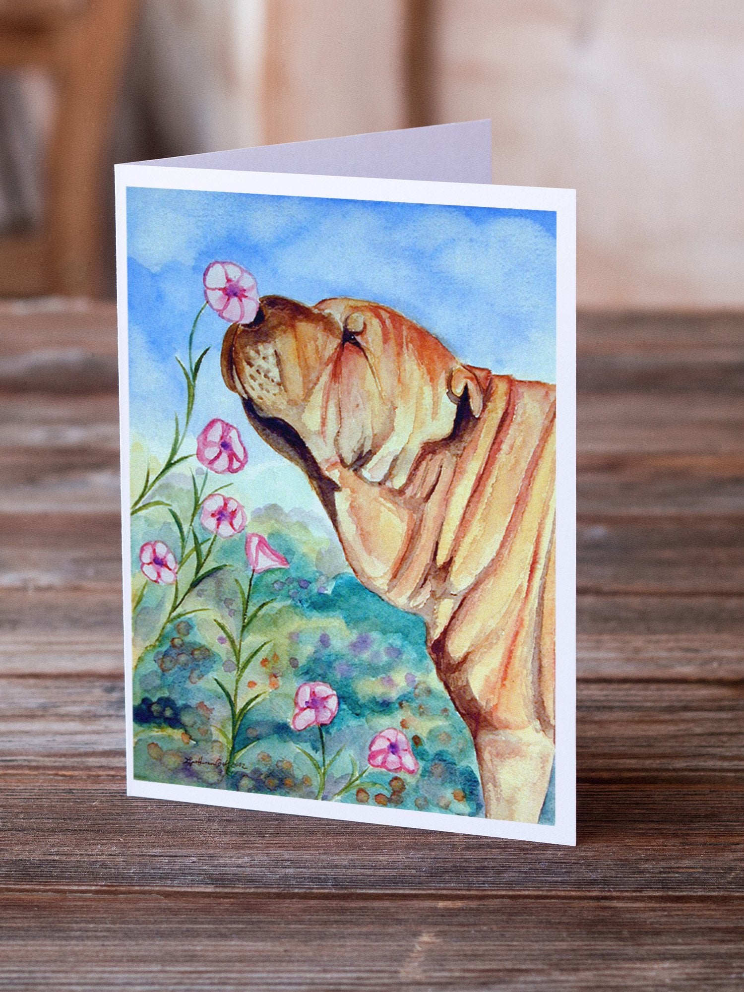 Shar Pei Smell the flowers  Greeting Cards and Envelopes Pack of 8 - the-store.com