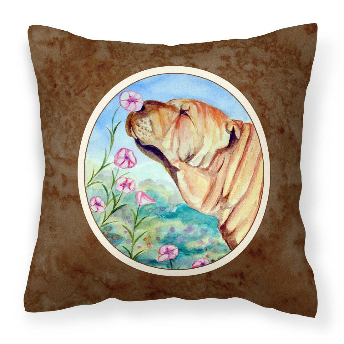 Shar Pei Smell the flowers Fabric Decorative Pillow 7105PW1414 - the-store.com