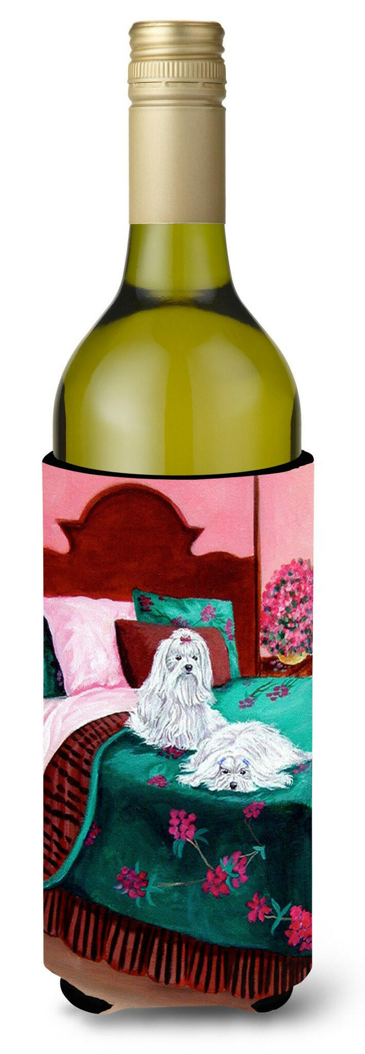 Maltese and puppy waiting on you Wine Bottle Beverage Insulator Beverage Insulator Hugger by Caroline's Treasures