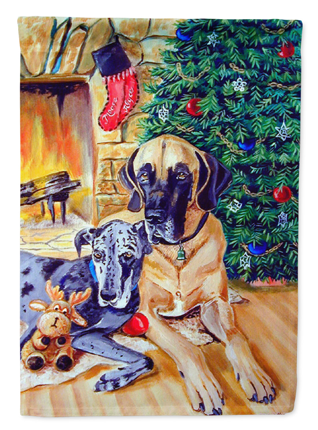 Harlequin and Blue Great Danes Under the Christmas Tree Flag Garden Size