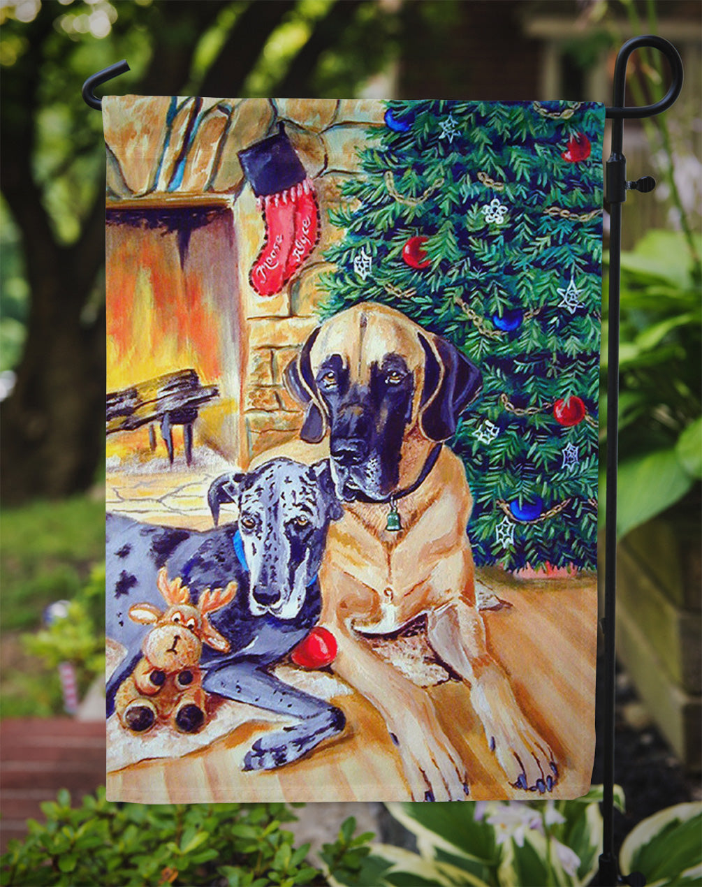 Harlequin and Blue Great Danes Under the Christmas Tree Flag Garden Size.