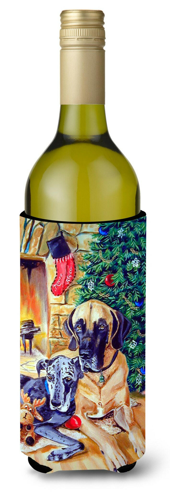 Fawn and Blue Great Dane waiting on Christmas Wine Bottle Beverage Insulator Beverage Insulator Hugger by Caroline&#39;s Treasures