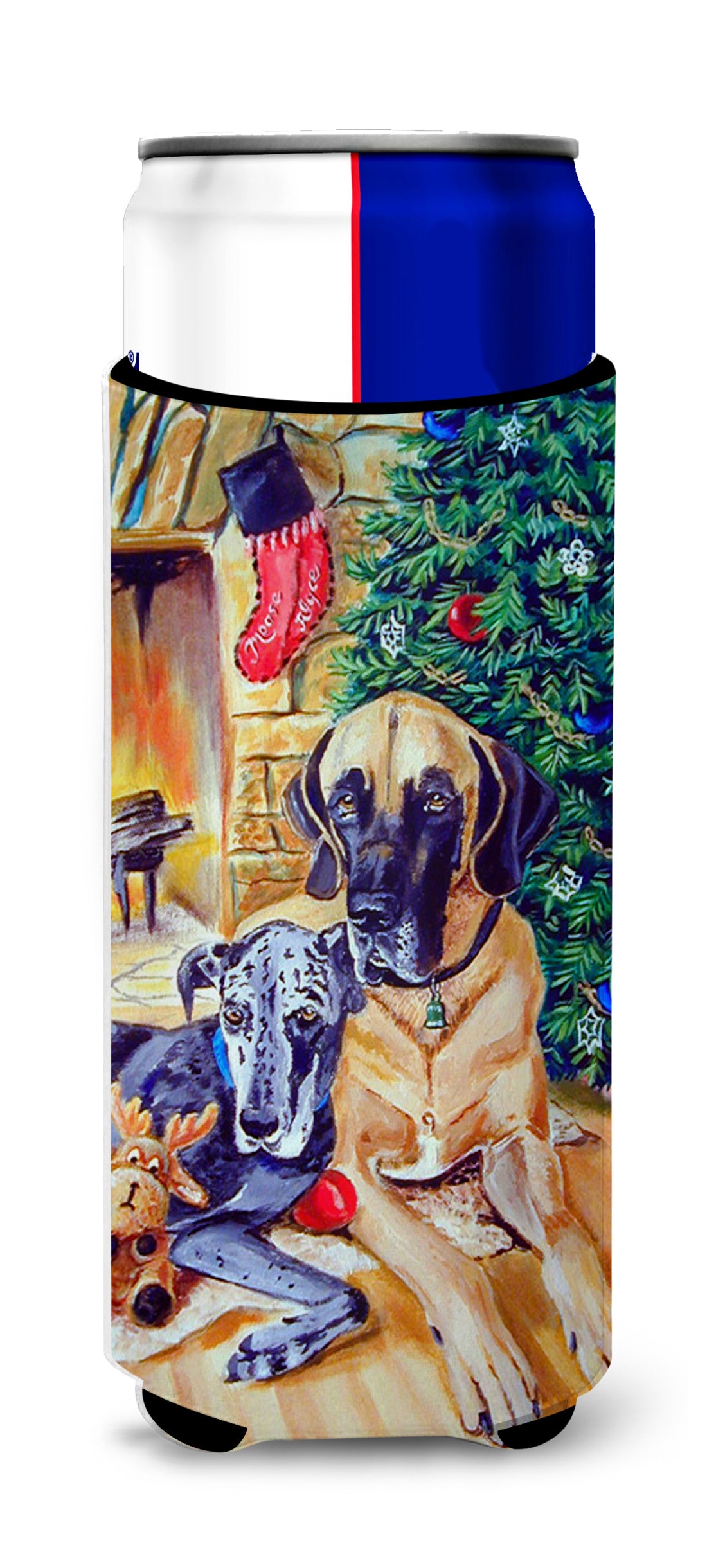 Fawn and Blue Great Dane waiting on Christmas Ultra Beverage Insulators for slim cans 7111MUK.