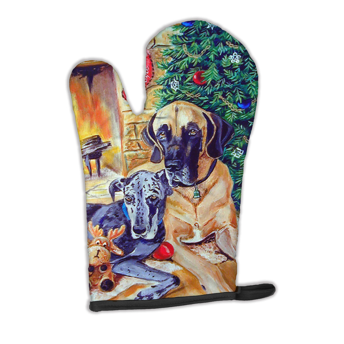Fawn and Blue Great Dane waiting on Christmas Oven Mitt 7111OVMT  the-store.com.