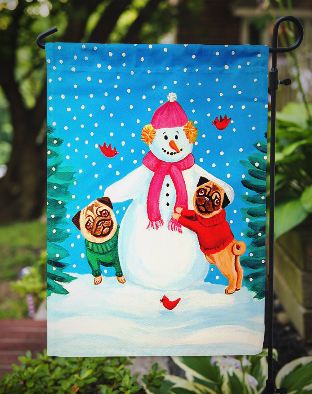 Snowman with Pug Winter Snowman Flag Garden Size.