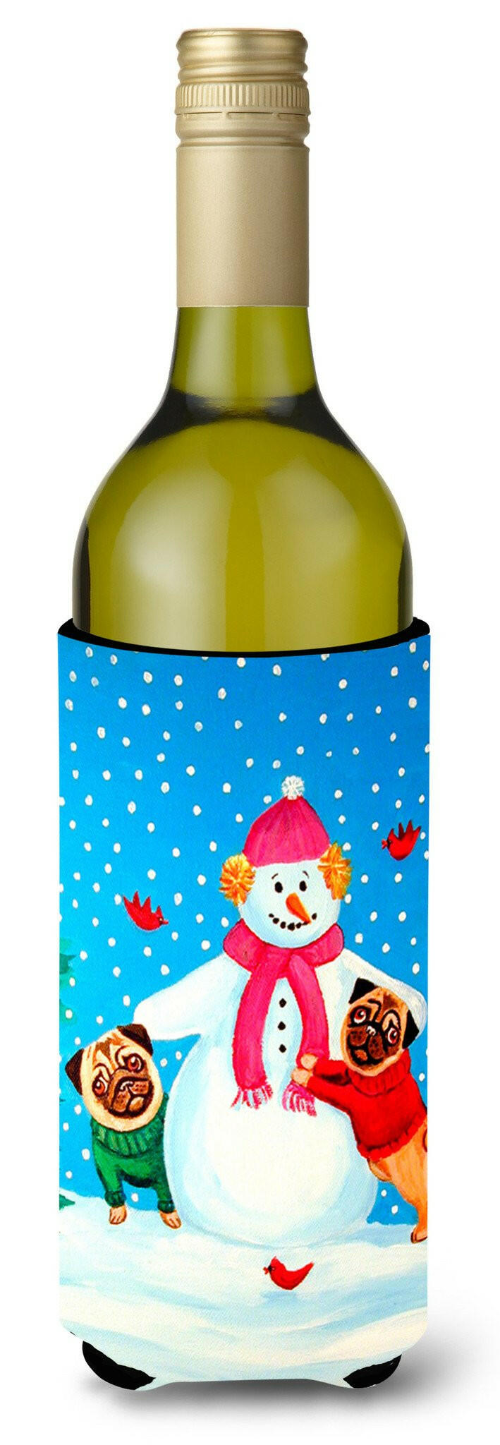 Snowman with Pug Winter Snowman Wine Bottle Beverage Insulator Beverage Insulator Hugger by Caroline&#39;s Treasures