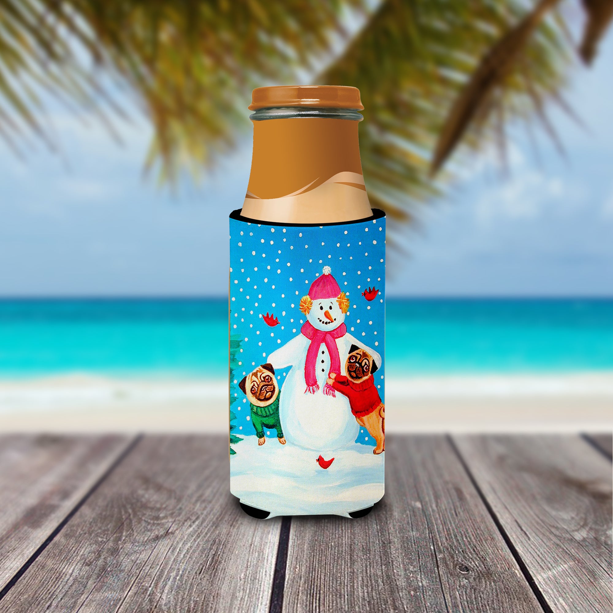 Snowman with Pug Winter Snowman Ultra Beverage Insulators for slim cans 7115MUK.