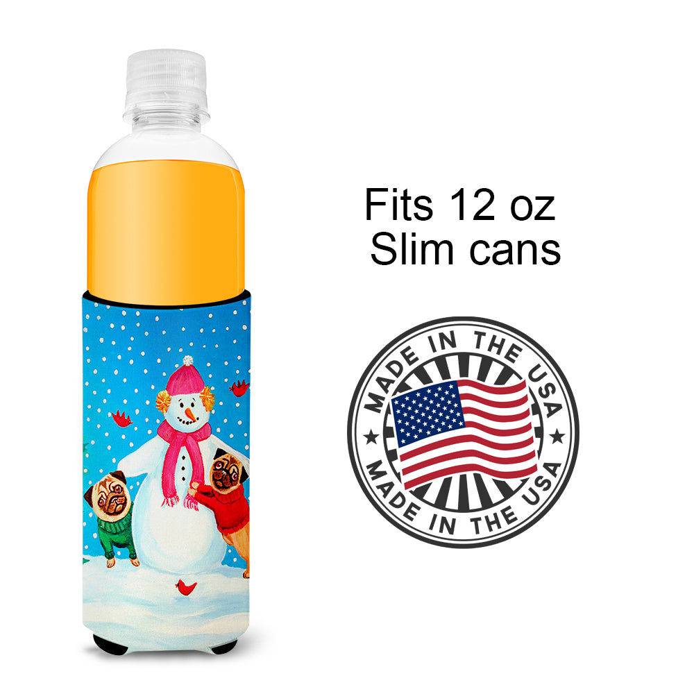 Snowman with Pug Winter Snowman Ultra Beverage Insulators for slim cans 7115MUK