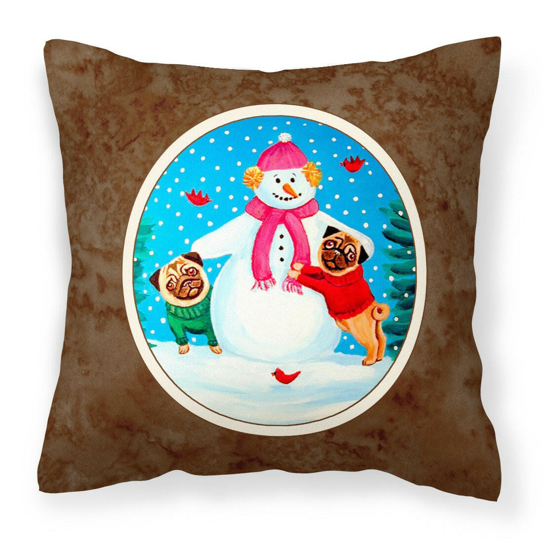 Snowman with Pug Winter Snowman Fabric Decorative Pillow 7115PW1414 - the-store.com