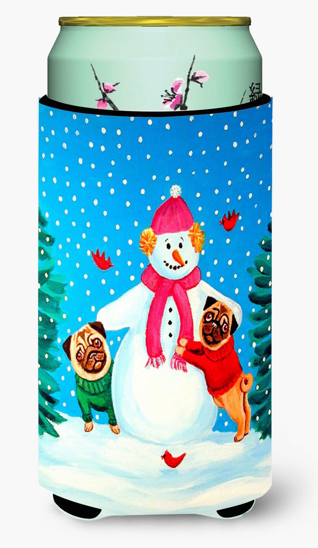 Snowman with Pug Winter Snowman  Tall Boy Beverage Insulator Beverage Insulator Hugger by Caroline&#39;s Treasures