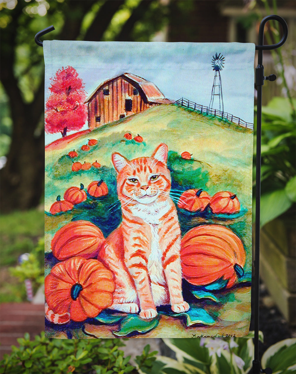 Tabby Cat in the pumpkins Flag Garden Size.