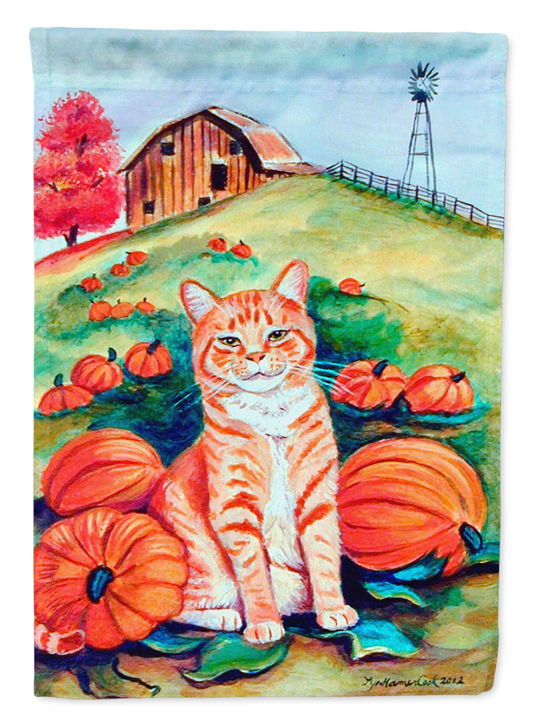 Tabby Cat in the pumpkins Flag Garden Size