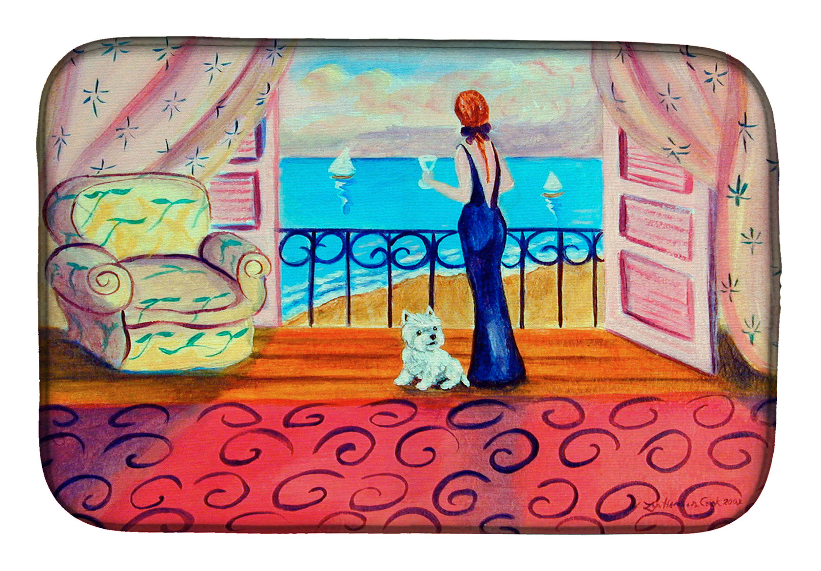 Westie with Mom and a view Dish Drying Mat 7125DDM