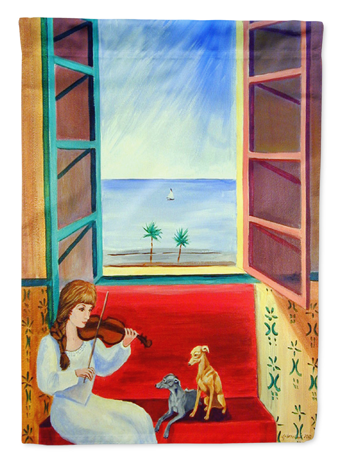Italian Greyhounds with Mom and Violin Flag Canvas House Size