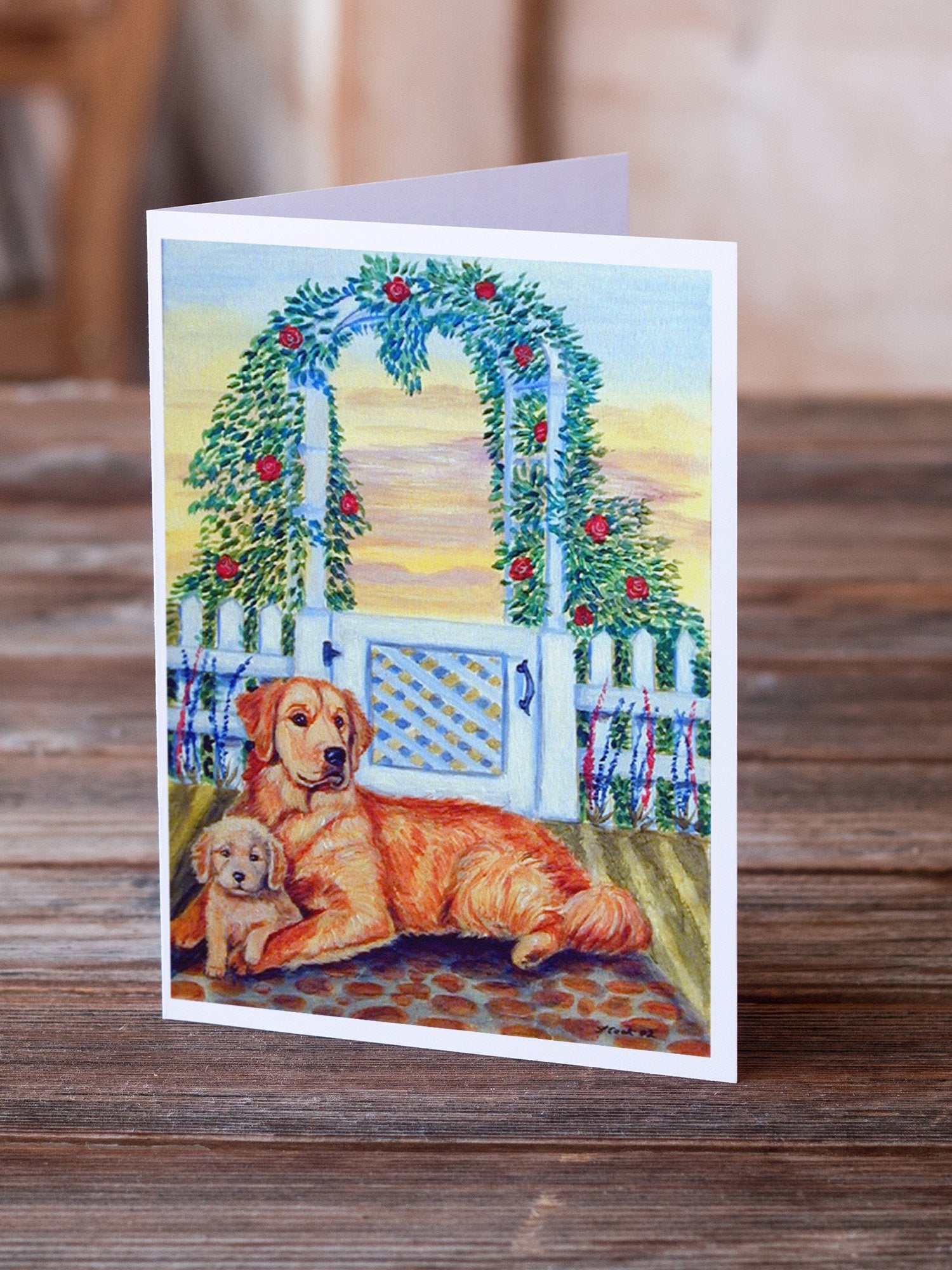 Golden Retriever and puppy at the fence Greeting Cards and Envelopes Pack of 8 - the-store.com