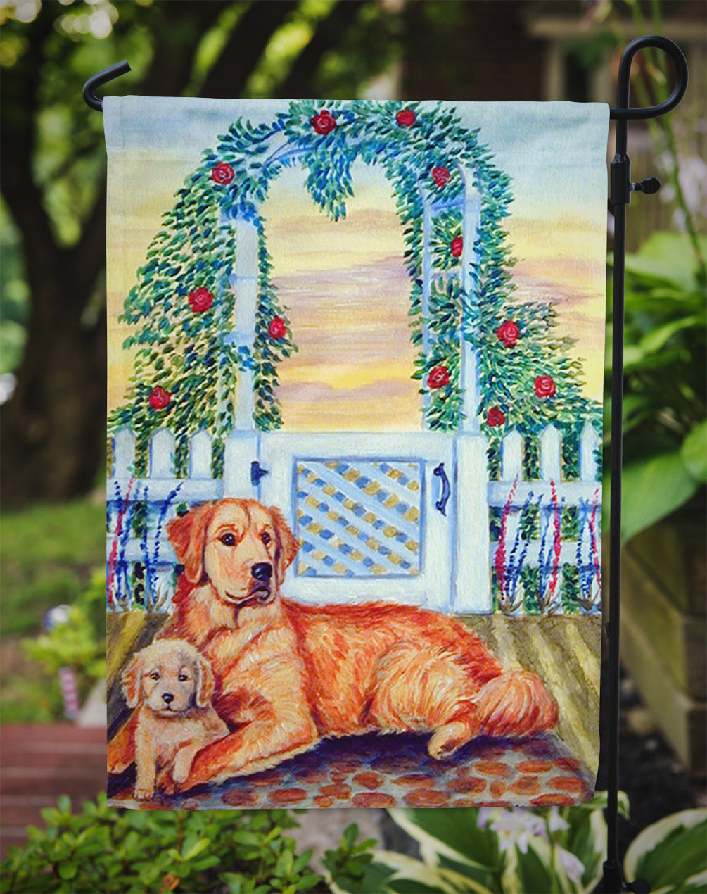 Golden Retriever with puppy at the gate Flag Garden Size.