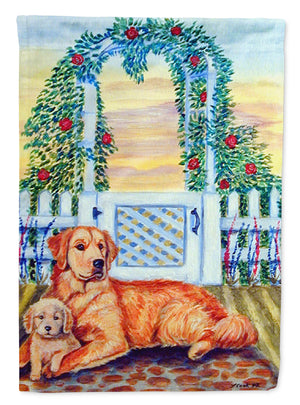 Golden Retriever with puppy at the gate Flag Garden Size