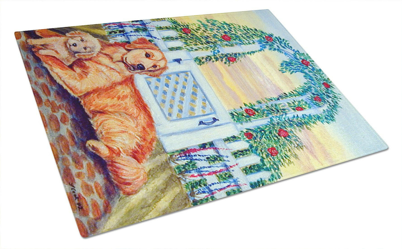 Golden Retriever with puppy at the gate Glass Cutting Board Large by Caroline's Treasures