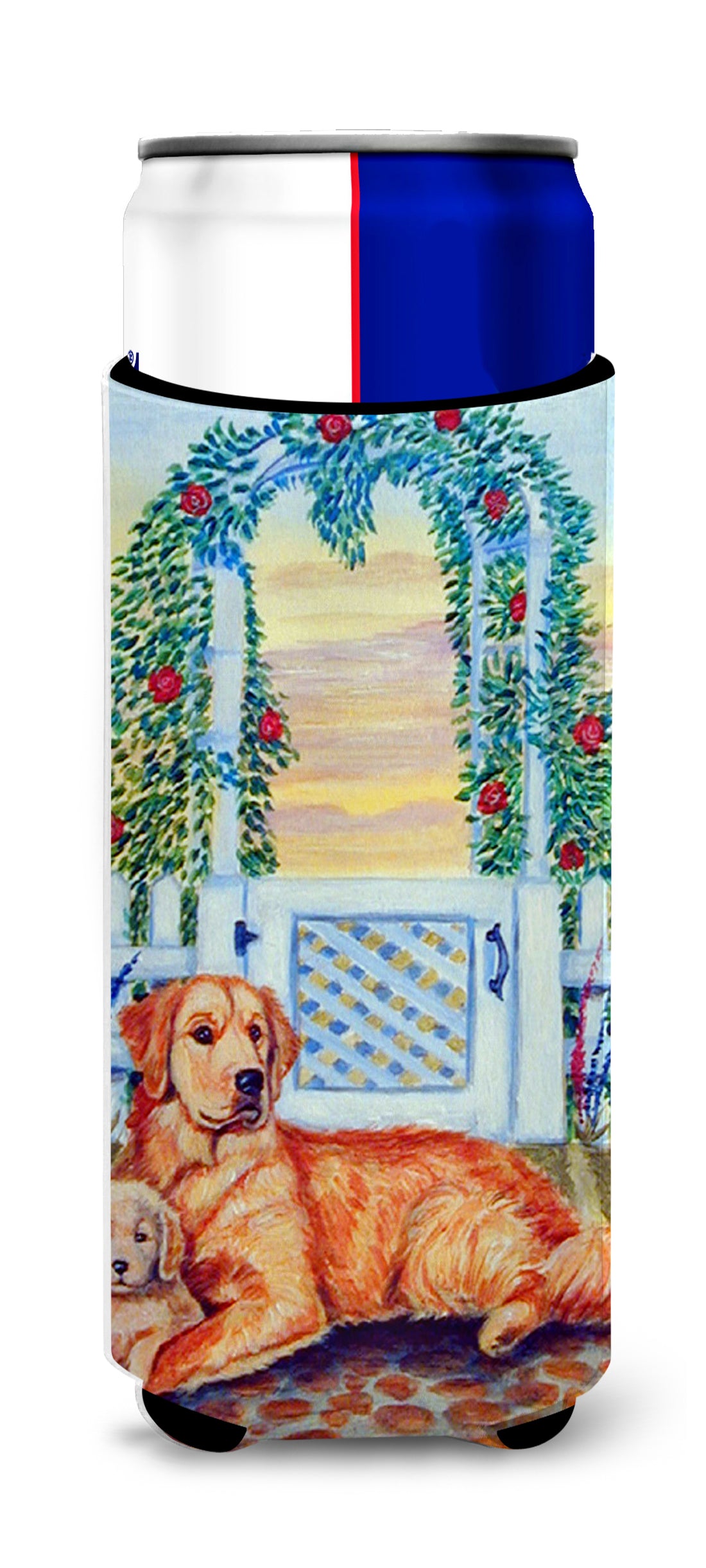Golden Retriever and puppy at the fence Ultra Beverage Insulators for slim cans 7148MUK