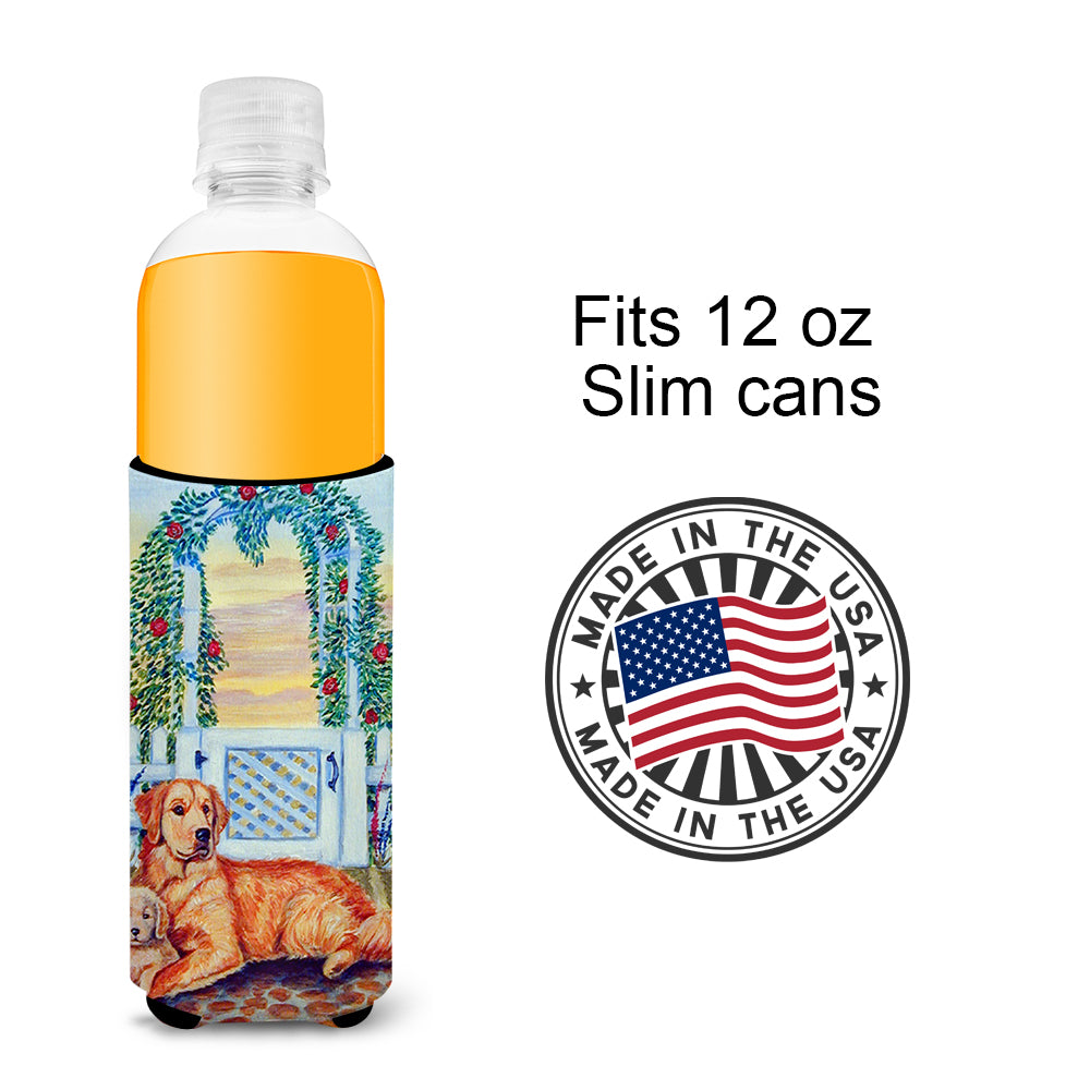 Golden Retriever and puppy at the fence Ultra Beverage Insulators for slim cans 7148MUK.