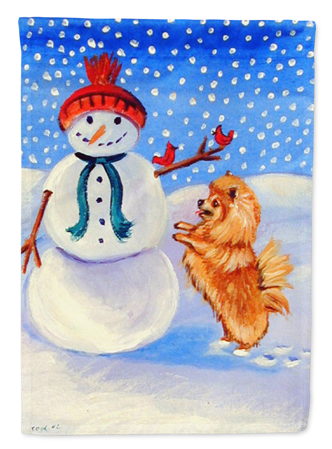 Snowman with Pomeranian Flag Canvas House Size  the-store.com.