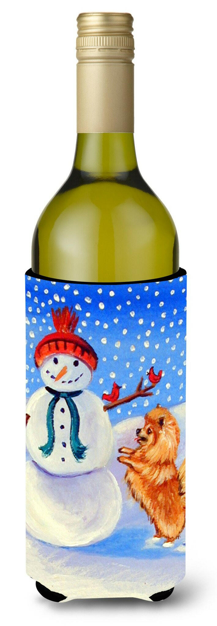 Snowman with Pomeranian Winter Snowman Wine Bottle Beverage Insulator Beverage Insulator Hugger by Caroline's Treasures